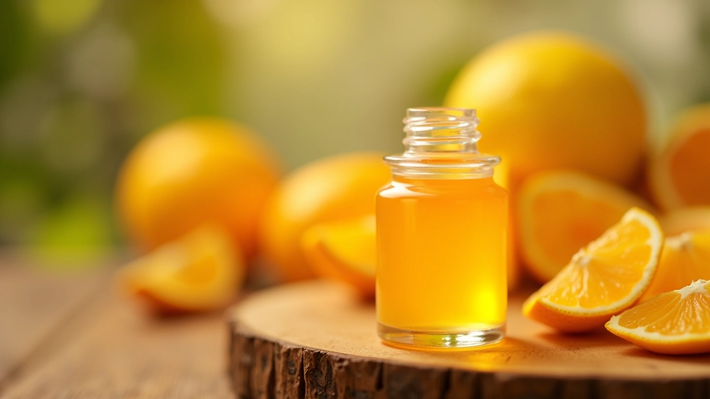 Malá sklenice s jasně oranžovým zářícím vitamínem C sérem na přírodním pozadí, profesionální produktová fotografie